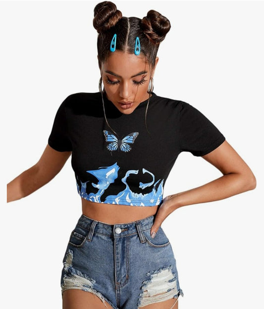 Black butterfly print graphic crop top