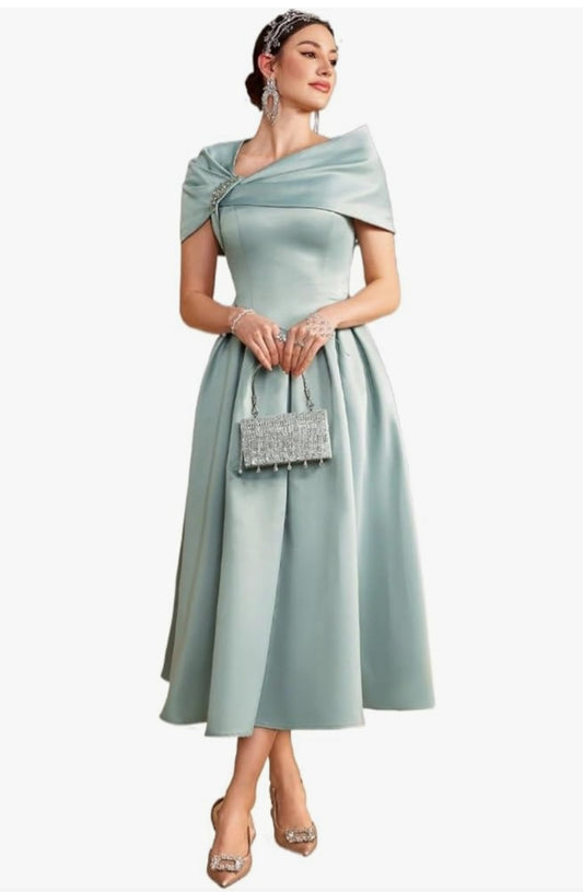 Womens elegant off shoulder green midi formal evening dress